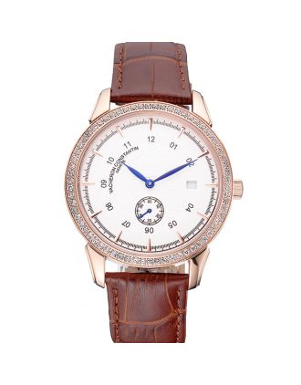 Vacheron Constantin Traditionnelle White Ship Dial Rose Gold Case With Diamonds Brown Leather Strap