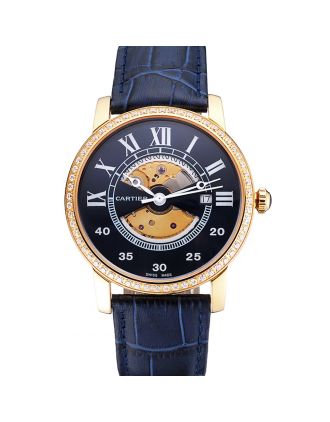 Swiss Cartier Rotonde Small Complication Blue Dial Gold Diamond Case Blue Leather Strap