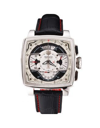 Tag Heuer Monaco Black Perforated Leather Strap White Dial 80306