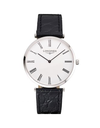 Swiss Longines Grande Classique White Dial Roman Numerals Stainless Steel Case Black Leather Strap