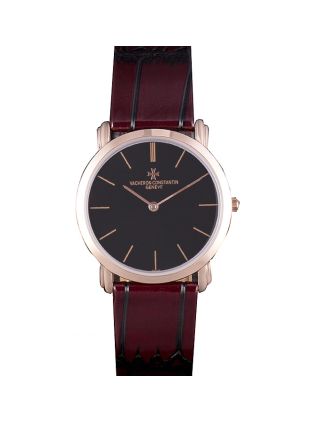 Vacheron Constantin Patrimony Black Dial Rose Gold Case Rich Maroon Leather Bracelet
