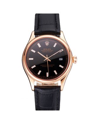 Swiss Rolex Datejust Black Dial Rose Gold Case Black Leather Strap