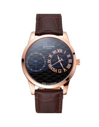 Glashutte Original Black Dial Rose Gold Case Brown Leather Strap