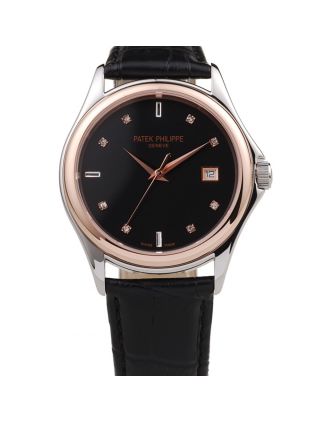 Patek Philippe Geneve Calatrava Crystal Studded Hour Marker Black Dial Black Leather Strap 98169