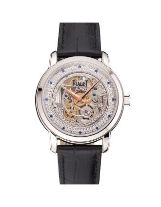Swiss Piaget Altiplano Skeleton Dial With Diamonds Stainless Steel Case Black Leather Strap