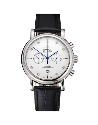 Omega Seamaster Vintage Chronograph White Dial Diamond Hour Marks Stainless Steel Case Black Leather Strap