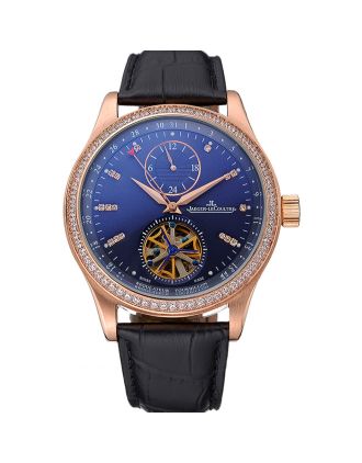 Jaeger-LeCoultre Master Tourbillon Dualtime Black Dial Gold Case With Diamonds Brown Leather Strap 622783