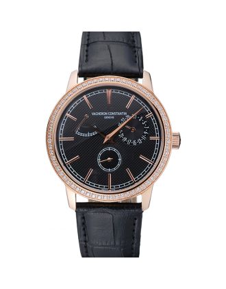Vacheron Constantin Patrimony Power Reserve Black Dial Gold Diamond Case Black Leather Bracelet 1454269