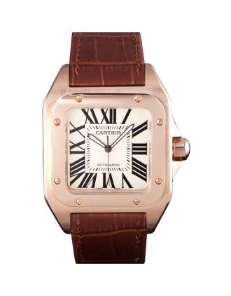 Swiss Cartier Santos Rose Gold with Brown Leather Strap 621522