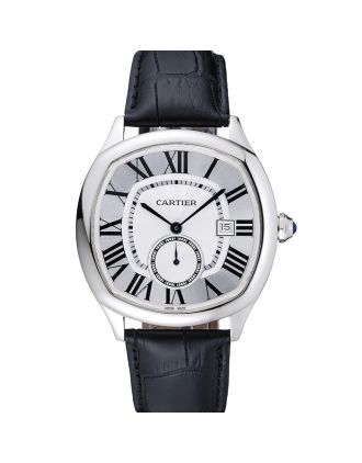Cartier Drive De Cartier White Dial Silver Case Black Leather Bracelet 1454209