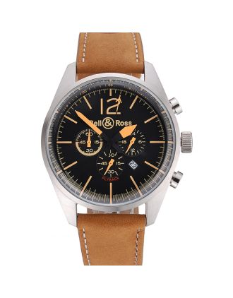 Bell and Ross BR126 Flyback Black Dial Silver Case Gold Numerals Brown Suede Leather Strap