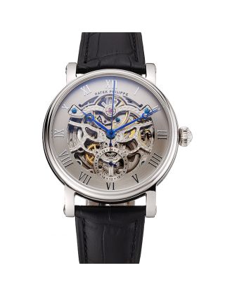 Patek Philippe Grand Complications Gray Skeleton Dial Stainless Steel Case Black Leather Strap 1453811