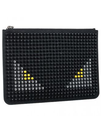 Fendi Bag Bugs Studded Black White And Yellow Leather Flat Pouch 18927336