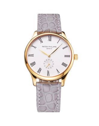 Patek Philippe Calatrava White Dial Gold Case Gray Leather Strap