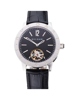 Bvlgari Tourbillon Black Dial Silver Case Black Leather Strap