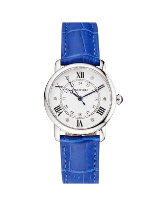 Cartier Ronde White Dial Diamond Hour Marks Stainless Steel Case Blue Leather Strap