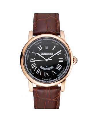 Swiss Cartier Rotonde Annual Calendar Black Dial Rose Gold Case Brown Leather Strap