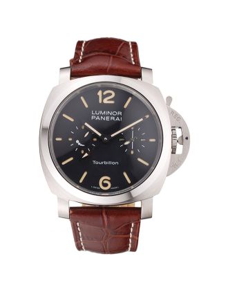 Panerai Luminor 1950 Tourbillon GMT Black Dial Stainless Steel Case Brown Leather Strap