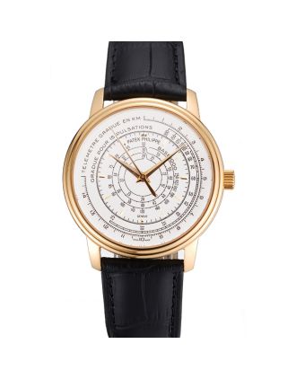 Swiss Patek Philippe Multi-Scale Chronograph White Dial Gold Case Black Leather Strap