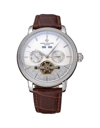 Patek Philippe Day Date Tourbillon White Dial Stainless Steel Case Embossed Bezel Brown Leather Strap 622837