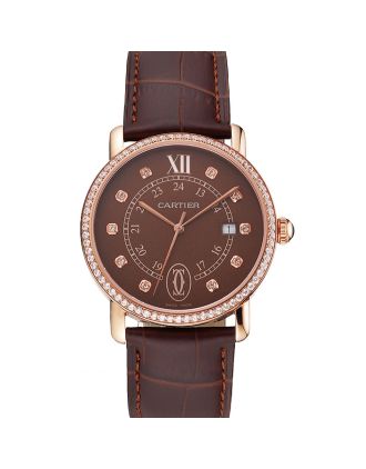 Cartier Ronde Solo Brown Dial Diamond Hour Marks And Bezel Rose Gold Case Brown Leather Strap