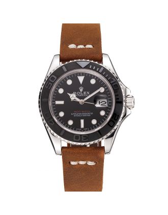 Rolex Yacht Master Black Dial Silver Case Brown Leather Bracelet 1453859