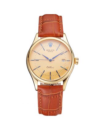 Swiss Rolex Cellini Date Gold Guilloche Dial Gold Case Light Brown Leather Strap