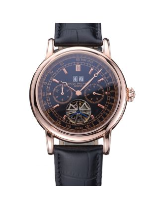 Patek Philippe Geneve Grand Complications Black Dial Tourbillon Rose Gold Bezel Black Band 622157