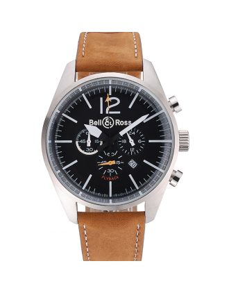 Bell and Ross BR126 Flyback Black Dial Silver Case Brown Suede Leather Strap