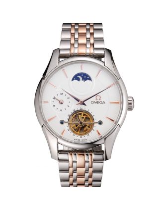 Omega De Ville Moonphase Tourbillon White Dial Stainless Steel Case Two Tone Steel Rose Gold Bracelet