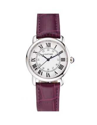 Cartier Ronde White Dial Stainless Steel Case Purple Leather Strap