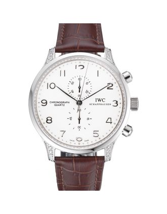 IWC Portugieser Chronograph White Dial Steel Hands And Numerals Steel Case With Diamonds Brown Leather Strap