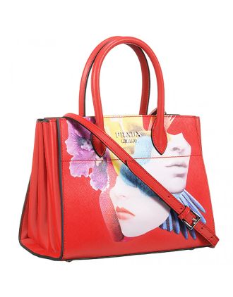 Prada Top Handle Satchel Collage Print Red Bag Medium 18927263