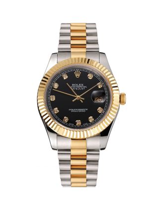 Swiss Rolex Datejust Black Dial Stainless Steel Case Gold Bezel Two Tone Bracelet