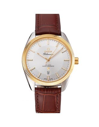 Omega Globemaster Silver Dial Gold Bezel Stainless Steel Case Brown Leather Strap