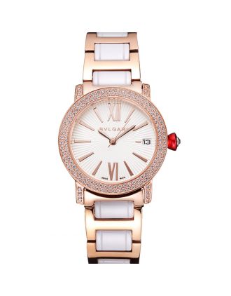 Bvlgari Bvlgari White Guilloche Dial Roman Numerals Gold Case Diamond Bezel Two Tone Bracelet