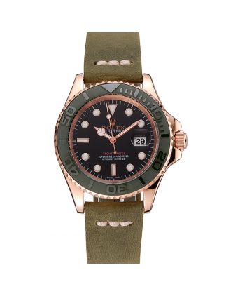 Rolex Yacht Master Black Dial Green Bezel Rose Gold Case Green Leather Bracelet 1453862