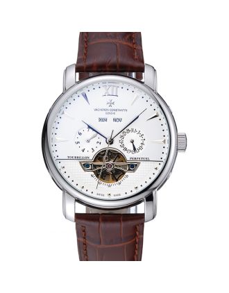 Vacheron Constantin Tourbillion Perpetual Calendar White Dial Silver Case Brown Leather Bracelet 1454277