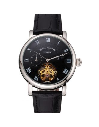 Patek Philippe Complications Moonphase Tourbillon Black Dial Stainless Steel Case Black Leather Strap