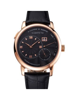 A. Lange & Sohne Lange 1 Black Dial Rose Gold Case Black Leather Strap