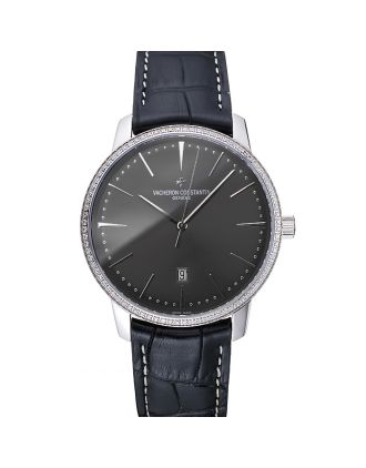 Swiss Vacheron Constantin Patrimony Grey Dial Silver Diamonds Case Black Leather Bracelet 1454163