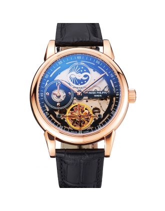Patek Philippe Dual Time Moonphase Tourbillon Black Skeletonised Rose Gold Case Black Leather Strap