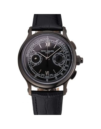 Swiss Patek Philippe 5170J Chronograph Black Dial Black Case Black Leather Strap