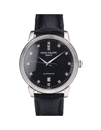 Patek Philippe Swiss Calatrava Ribbed Bezel Black Dial Black Leather Strap 7661