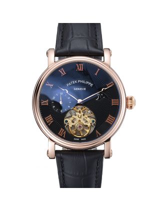 Patek Philippe Complications Moonphase Tourbillon Black Dial Rose Gold Case Black Leather Strap
