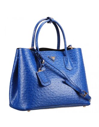 Prada Double Tote Ostrich Leather Bag Blue