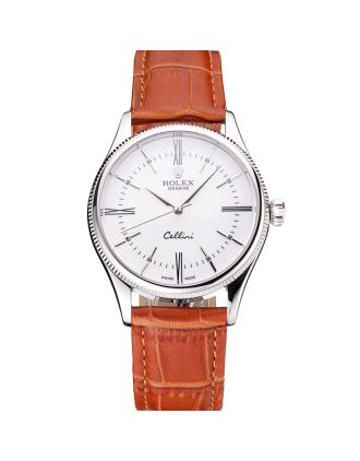 Swiss Rolex Cellini White Dial Roman Numerals Stainless Steel Case Light Brown Leather Strap