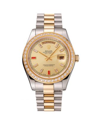 Swiss Rolex Day-Date Diamonds And Rubies Champagne Dial Two Tone Bracelet 1454104