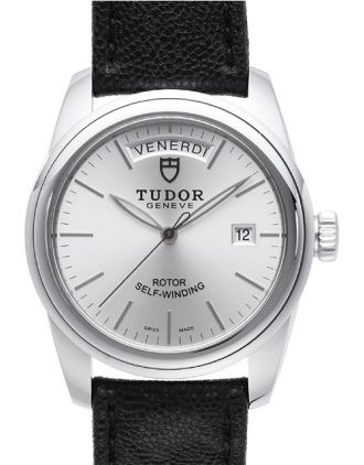 AAA Replica Tudor Glamour Date Day Silver Dial Leather Strap Mens Watch 56000-5