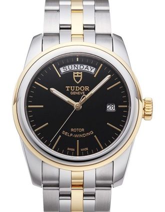 AAA Replica Tudor Glamour Date Day Black Dial Leather Strap Mens Watch 56003